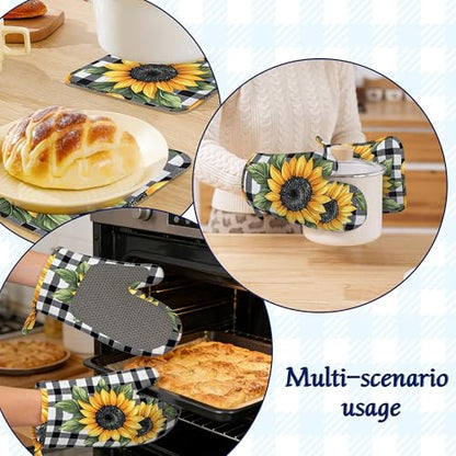 Sunflower Flower Potholders & Oven Mitts Sets Black White Check Plaid Silicone Heat Resistant Oven Mits and Hot Pads Non-Slip Pot Holders Gloves for Kitchen Chef Cooking Baking Grilling BBQ - color: Sunflower Flower,black White Check Plaid