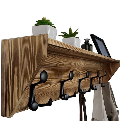 WEBI Wall Shelf with Hooks Underneath,35" Long Wall Mounted Coat Rack with Shelf,Entryway Coat Rack with 5 Triple Hooks for Hanging Coats,Jacket,Hallway,Bedroom,Mudroom,Brown - color: Brown, size: 35 Inch
