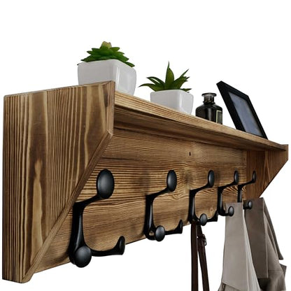 WEBI Wall Shelf with Hooks Underneath,35" Long Wall Mounted Coat Rack with Shelf,Entryway Coat Rack with 5 Triple Hooks for Hanging Coats,Jacket,Hallway,Bedroom,Mudroom,Brown - color: Brown, size: 35 Inch
