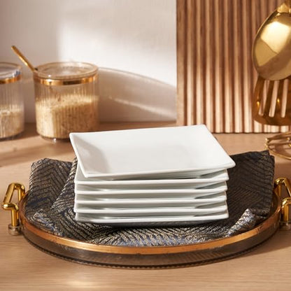 Appetizer Plates Set of 6, 6 Inch Porcelain Dessert Plates, White Stackable Square Salad Plates for Snack Steak Bread Butter, Chip and Scratch Resistant, Microwave and Dishwasher Safe | Small Dinner Plates, White Ceramic Serving Dishes for Salad Snack Ste