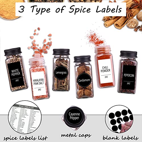 Churboro 25 Pack Glass Spice Jars with Labels, 4oz Spice Containers | Square Spice Bottles with Black Caps, Shaker Lids, 547 Labels, Funnel & Chalk Pen. Keep Seasoning Jars Neat and Organized