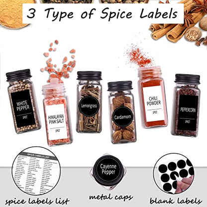 Churboro 25 Pack Glass Spice Jars with Labels, 4oz Spice Containers | Square Spice Bottles with Black Caps, Shaker Lids, 547 Labels, Funnel & Chalk Pen. Keep Seasoning Jars Neat and Organized