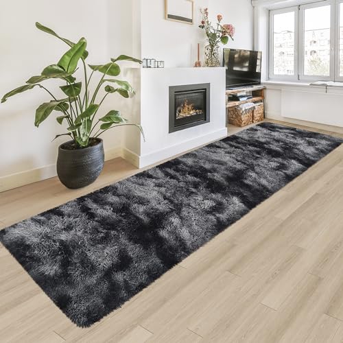 Tie-Dyed Runner Rug for Bedroom Black Grey 2x8ft Fluffy Area Rug Bedside Runner Rug for Kids Room Boys Teens Nursery Baby Living Room Dorm Home Decor Carpets - color: Tie-dyed Black Grey, size: 2' x 8' (Runner)