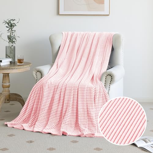 PLEASANT BOULEVARD | Fuzzy Throw Blanket Double-Sided Design Checkered Striped Waffe Lightweight Fleece Blankets for Bed and Couch Décor – Cozy, Soft, Cute for Women, Twin (60" x 80") Pink - color: Pink, size: Twin (60" x 80")