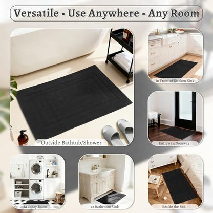 100% Cotton Bath Mat 20" x 32"for Bathroom, Black | Hot-melt Non-Slip Backing, Washable Textured Woven Bath Rug, Soft Comfortable & Absorbent Bathmat 20x32