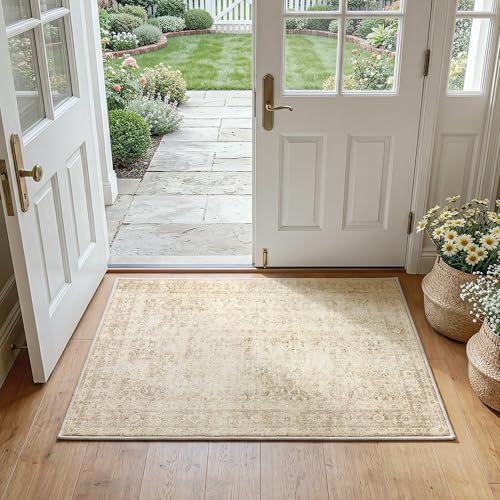 FMFUNCTEX 2x3 Washable Beige Vintage Neutral Small Area Rug for Entryway | Cream Distressed Non Slip Low Pile Indoor Thin Soft Throw Rug Bedroom Kitchen Bathroom Laundry Entry Traditional Door Mat - color: Beige, size: 2' x 3' (Rectangular)