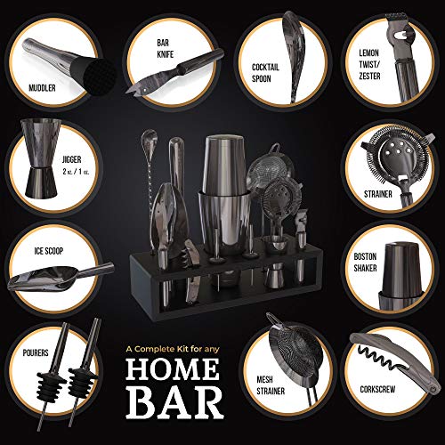 Highball & Chaser 13-Piece Gunmetal Black Stainless Steel Boston Cocktail Shaker Bar Tool Set with Mixology Bartender Kit Accessories - color: Gunmetal Black