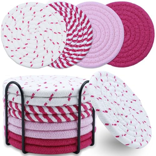 8 Pcs Drink Coasters with Holder, Minimalist Cotton Woven Coaster Set, 4 Colors Absorbent Coaster Protection Protection for Various Cups, Ideal for Coffee Tables and Home Decor Tabletop, 4.3 Inches - color: Pink