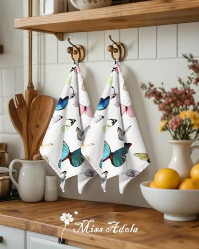 2pcs Cotton Waffle Kitchen Towels, Morpho Butterfly | Waffle Weave, Terry Cloth, Pure Cotton, Sustainable, 16"x26", Highly Absorbent, with Hanging Loop, Giftable Package - color: Morpho Butterfly