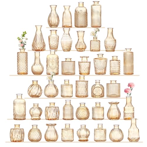 Amber Glass Bud Vases Set of 40, Mini Flower Vase for Centerpieces, Small Gold Bud Vases in Bulk for Wedding Decorations,Vintage Vase for Table, Home Décor,Party Decor, Anniversary - color: 40pcs-gold Amber
