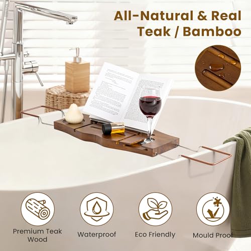 Dream Light Walnut Teak Expandable Bathtub Caddy Tray | Light walnut teak tray, extendable, housewarming gift, bath spa organizer - color: Teak Natural - B, size: Medium