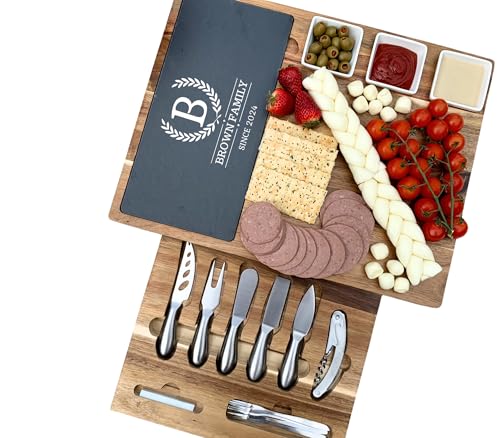 Custom Acacia Charcuterie Board with Slate & 19-Piece Knife Set – Personalized Cheese Board Wedding, Housewarming & Thanksgiving Gift for Couples - color: Design #22