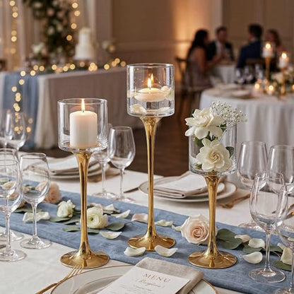 Royal Imports Glass Candleholder Flower Vase Set of 3, Gold | Floating & Pillar Candle Centerpiece Display, Decorative Hurricane on Pedestal for Home or Wedding