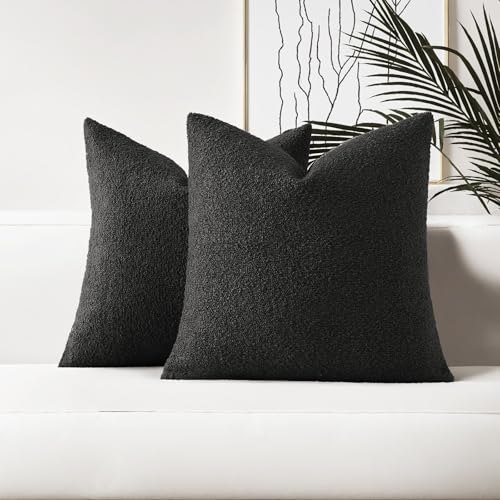 HAUSSY Pack of 2 Pillow Covers 24x24 Inch, Boucle Decorative Throw Pillows Soft Boho Neutral Cushion Covers Home Decor Modern Pillow Cases for Couch Living Room Sofa Bed, Black (Covers Only) - color: Black, size: 24" x 24" (Pack of 2)
