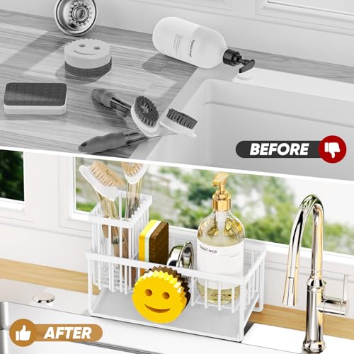 Sponge Holder for Kitchen Sink,Smiley Face Sink Caddy with Removable Brush Holder,Self-Draining Sponge Caddy for Sponge,Soap,Dish Brush,Scrubber,Kitchen Essentials and Gadgets-White - color: 1 Tier White