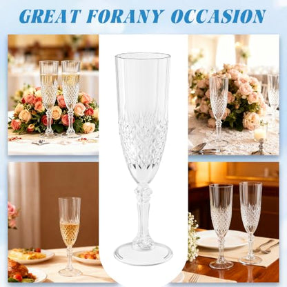 12 Pack Plastic Champagne Flutes, Clear Reusable Champagne Glass | Unbreakable Hard Plastic Mimosa Cups Bulk with Stem, Fancy Stemware for Wedding, Party & NYE Celebration - color: Transparent
