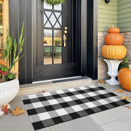 KIMODE Buffalo Plaid Outdoor Rug Runner Doormat 24'' x 51", Black/White Cotton Woven Checkered Fall Farmhouse Porch Rugs, Washable Indoor Door Mat for Front Layered Kitchen Bathroom Laundry Room | Checkered，Black and White,24"x51",Fall Farmhouse，Woven，Was
