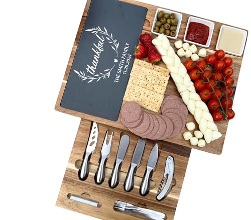 Custom Engraved Acacia Charcuterie Board & Slate Cheese Platter – Large 17" x 13" Cheese Board with Knives – Custom Thanksgiving Gift - color: Design #25