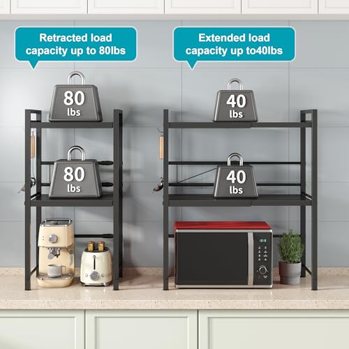 DOLALIKE Microwave Oven Rack, Expandable Microwave Stand Countertop Kitchen Utensils Tableware Storage, Carbon Steel Over Microwave Shelf Countertop with 3 Hooks | Adjustable Microwave Oven Rack Metal Storage Shelf with 3 Hooks for Pans Small Appliances K
