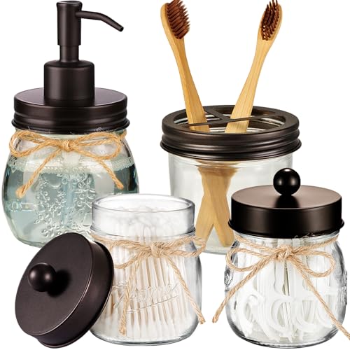 Amolliar Mason Jar Bathroom Accessories Set 4 Pcs -Lotion Soap Dispenser & 2 Qtip Holders & Toothbrush Holder - Rustic Farmhouse Decor, Bathroom Home Decor (Bronze) - color: Bronze