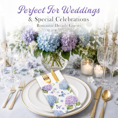 Hydrangea Linen Feel Pocket Napkins for Wedding Bridal Shower Supplies | Hydrangea Garden Design,Premium Linen Feel Paper,Built-In Flatware Pocket,Wedding, Baby Shower, Garden Party - color: Hydrangea