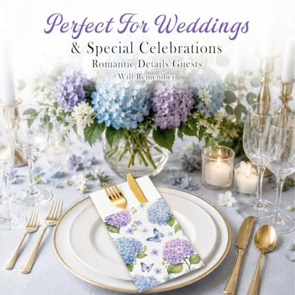 Hydrangea Linen Feel Pocket Napkins for Wedding Bridal Shower Supplies | Hydrangea Garden Design,Premium Linen Feel Paper,Built-In Flatware Pocket,Wedding, Baby Shower, Garden Party - color: Hydrangea