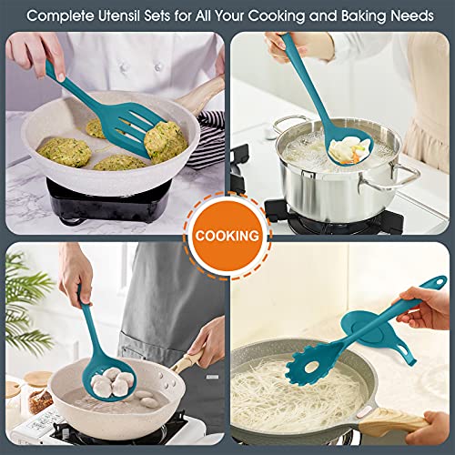 Teal Blue Kitchen Utensils Set, E-far 15-Piece Silicone Cooking Utensils with Holder, Non-stick Cookware Friendly & Heat Resistant, Includes Ladle Spatula Spoon Slotted Turner for Cooking & Baking - color: Teal Blue