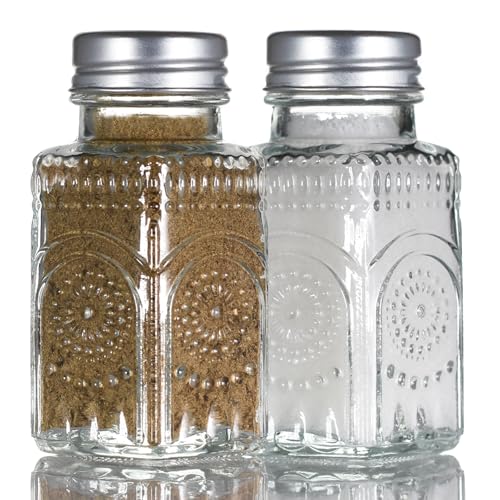 2 Pack Glass Salt and Pepper Shakers with 304 Stainless Steel Lid, Vintage Spice Shakers for Dining Room Table, Kitchen, Restaurant (Sunflower Style)