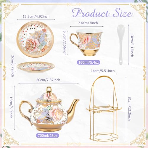 Zhehao 20 Pcs Porcelain Tea Set with Metal Holder and Spoon Adult Ceramic Tea Set European Flower Painting Teapot Cup Saucer Spoon for Women Mom Gift, Large Version (Rustic Style) - color: Rustic Style