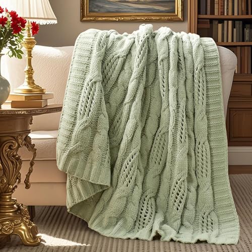 Chunky Knit Chenille Throw Blanket, Dual-Sided Soft Chenille Breathable Cable Knitted Blanket for Couch, Farmhouse Decorative Throw for Sofa & Chair, 60"x80", Sage Green - color: Sage Green, size: Cable Knit 60"x80"