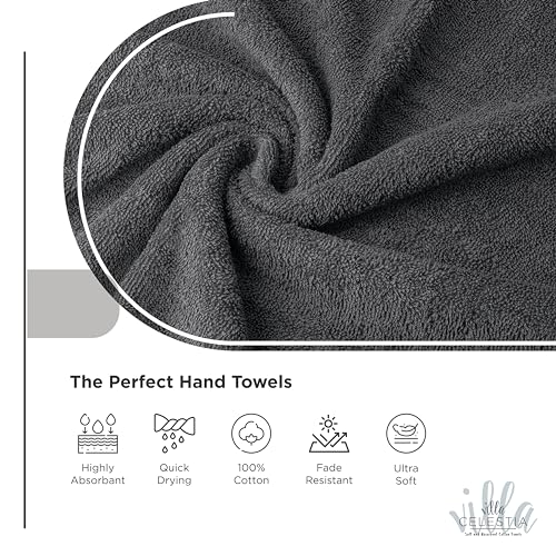 Villa Celestia Cotton Hand Towels Set of 4, 16 x 28, Oeko-TEX Certified, Quick Dry, Grey - color: Grey, size: Hand Towel - Pack of 4