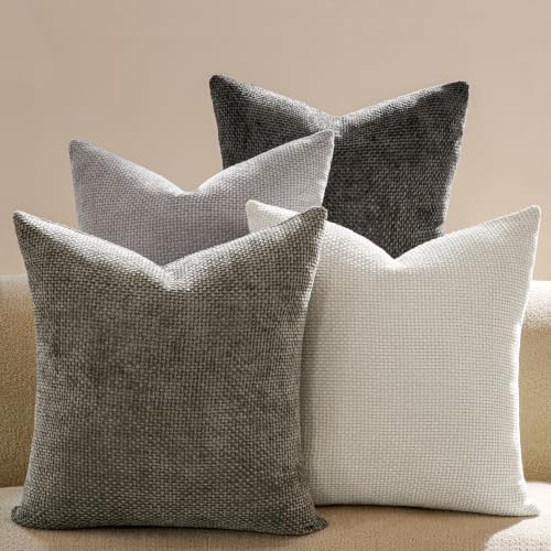 Textured Chenille Pillow Covers 20x20, Pack of 4, Light Brown | Thick Textured Chenille with Hidden Zipper - color: Neutral Gray, size: 20" x 20" (Pack of 4)