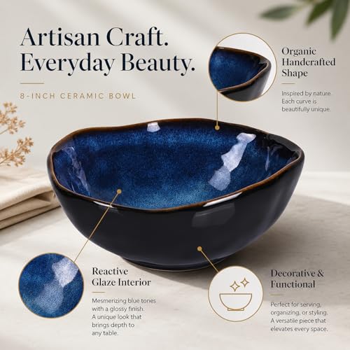 8" Blue Ceramic Decorative Bowl, Ceramic Fruit Bowl, Key Bowl for Entryway Table, Candy Dishes, Fruit Bowl for Kitchen Counter, Blue Small Jewelry Trinket Dish for Bedroom, Bedside Table, Living Room - size: 8in