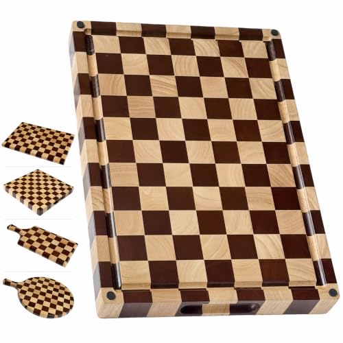 Checkered End Grain Cutting Board with Juice Groove & Handle | 17" x 12" x 1.2" Thick | Acacia & Rubber Wood | Reversible End Grain | Juice Groove | Meat, Bread & Vegetable Prep - color: Checkered Grooved Rectangular