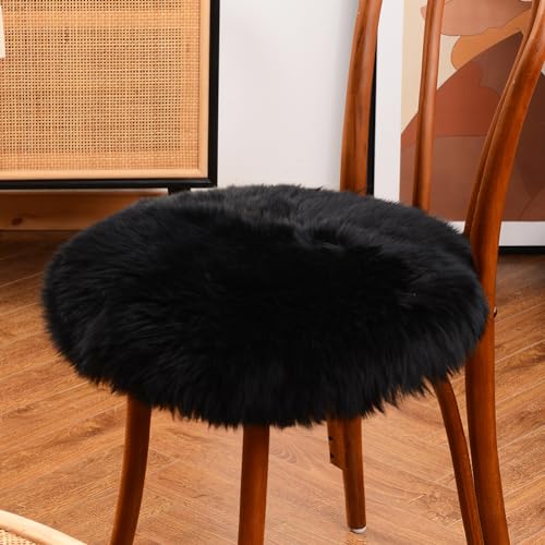 LLB Sheepskin Chair Pad Office Cushion Cover for Dining Room, Desk, Computer - Fur Area Rug for Living Room, Round 16.5" (Pack of 1), Black - color: Black, size: Round 16.5" (Pack of 1)