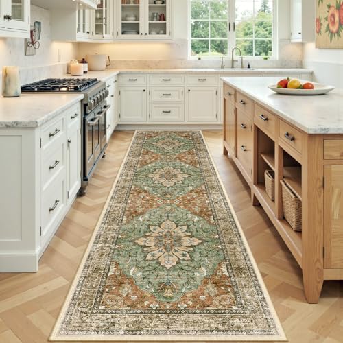 RELEANY Washable Area Rug, Runner 3'x9', Brick/Brown/Green | Non-Slip, Water Repellent, Pet Friendly, Easy to Clean, Vintage Floral Boho Decor for Kitchen Hallway Bedroom Laundry - color: Brick/Brown/Green, size: 3' X 9' (Runner)