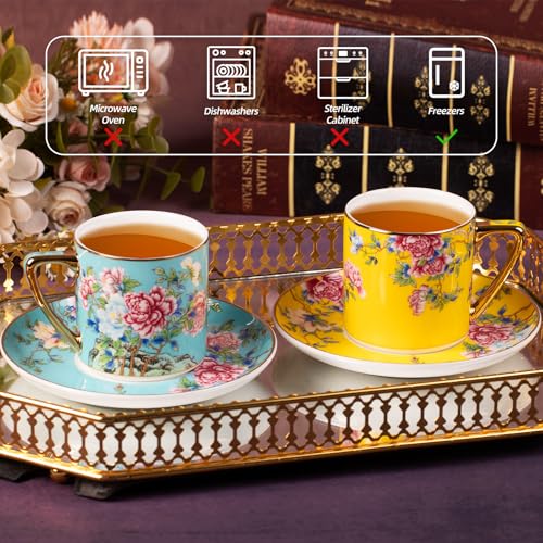 KAMMAK Tea Cup and Saucer, Ceramic Coffee Cups, 7.5 oz, Set of 2 | Porcelain Tea Cups with Saucers for Coffee and Cappuccino, Ideal for Breakfast, Afternoon Tea and Entertaining,633+634N - style: 633N+634N