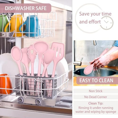 P&P CHEF Pink Kitchen Utensils, Silicone Cooking Utensil Set of 7 | Soft Spatula for Nonstick Cookware, Slotted Turner, Soup Ladle, Pasta Server, Spoon for Cooking, Dishwasher Safe & Heat Proof - color: Pink