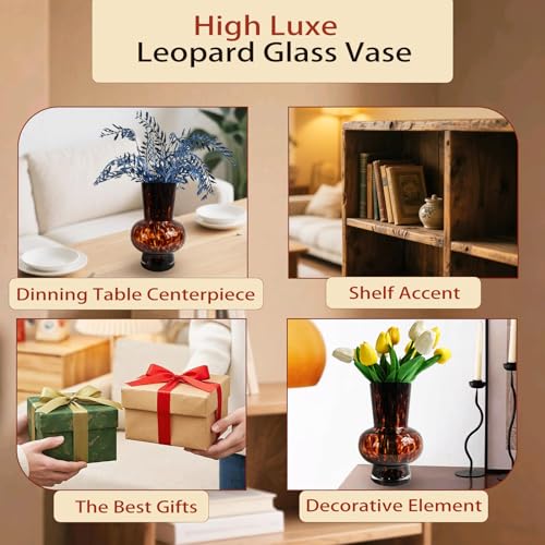 8" High Luxe Leopard Glass Vase — Unique Modern Amber Brown Centerpiece for Home Decor, Gifts & Everyday Elegance