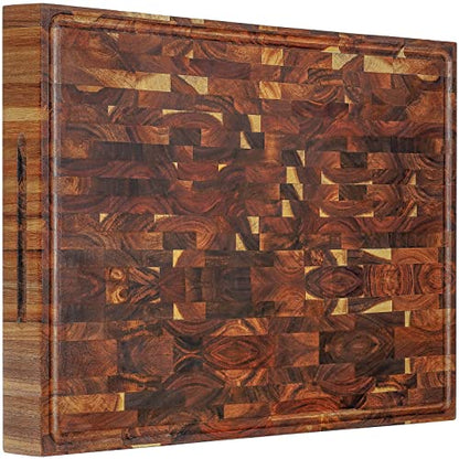 Acacia End Grain Wood Cutting Board 24x18x2 In Thick Butcher Block | Wooden Cutting Boards for Kitchen with Deep Juice Groove Thick End Grain Wooden Butcher Block Built-in Handle, Non-Slip Mat - size: 24"L x 18"W