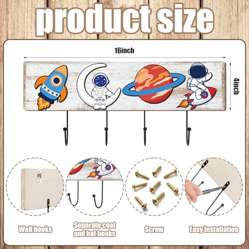 Space Themed Wooden Coat Rack with 4 Hooks, Rocket Astronaut Planet Moon Wall Mounted Hangers, Cute Cosmic Decorative Hook Rack for Room Entryway Playroom, Holds Hats Keys Towels Bags - style: Space