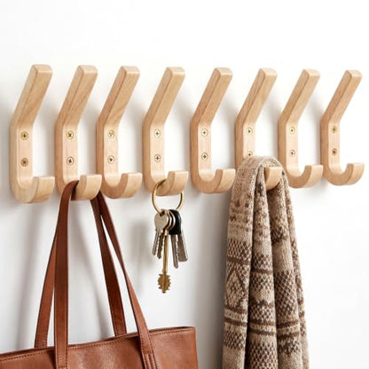 8 Pack Wooden Coat Hooks for Wall, Natural Oak Wood Wall Hooks, Heavy Duty Hat Hanger Hook, J-Shape Double Pegs for Hanging Coats, Towels, Bags, Scarves, Rustic Farmhouse Decor