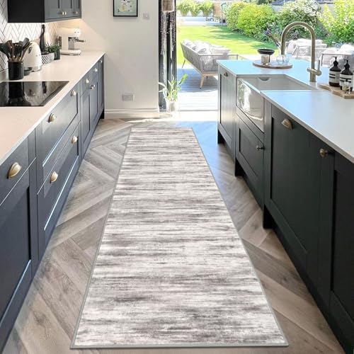 KOZYFLY Modern Abstract Washable Rug Runner 2.6x10 Hallway Rug Runner Non-Slip Soft Kitchen Runner Rugs, Grey/Light Beige/Brown Striped Carpet for Entryway Bathroom - color: Grey/Light Beige/Brown, size: 2'8" x 10' (Runner)