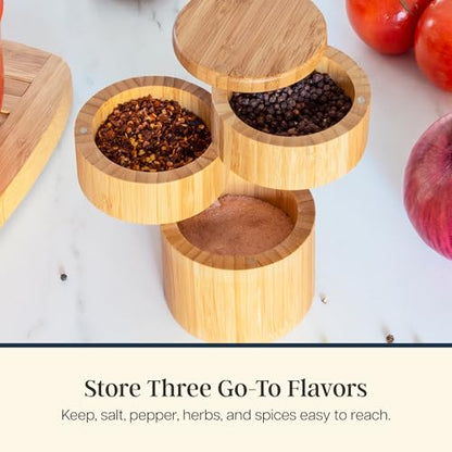 Totally Bamboo Triple Salt Cellar, 3-Tier Salt and Pepper Container | Bamboo seasoning box keeps salt, pepper, herbs, and spices easy to reach. Smooth swivel lids for quick access while cooking. - style: Three Tier Salt Box