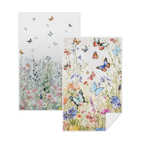 2 Pcs Butterfly Kitchen Towels 14 x 24 Inch, Floral Reusable Hand Towels | Butterfly Gifts for Women Mom, Dish Towels for Kitchen Home Decor Housewarming Gifts - color: Multi 1329