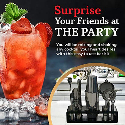 Highball & Chaser 13-Piece Gunmetal Black Stainless Steel Boston Cocktail Shaker Bar Tool Set with Mixology Bartender Kit Accessories - color: Gunmetal Black