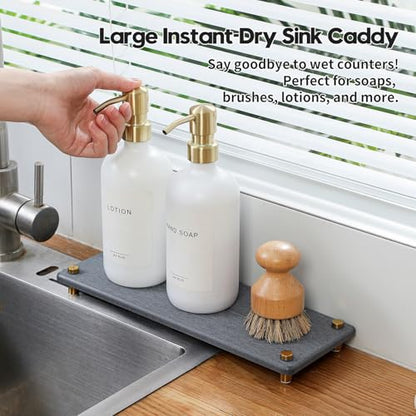 Kitchen Sink Caddy Water Absorbing Stone Drying Tray, Diatomite Bathroom Sink Organizer, Faucet Counter Mat Coaster, Soap Dish Rack Riser Dispenser Sponge Holder, Dark Gray Gold -12.5" x 4.5" - color: 12.5"x 4.5" - Dark Gray - Gold