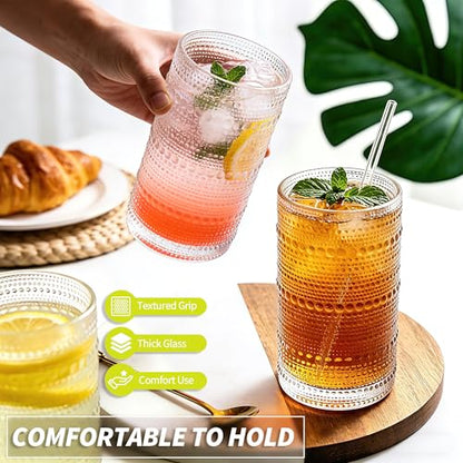 Large Hobnail Drinking Glasses with Straws, 16 oz/480 ml, 6 Pack | Vintage Hobnail Glassware Highball Glasses for Cocktail, Juice, Whiskey, Beer, Milk and Various Mixed Drinks