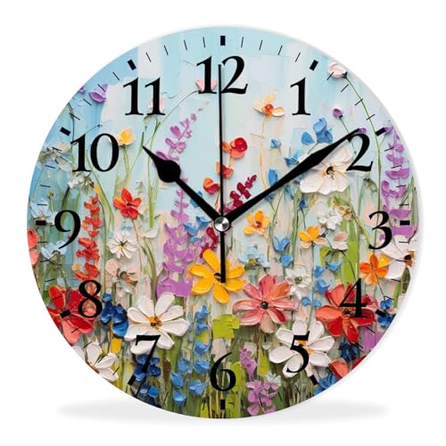 Round Analog Wall Clocks Non-Ticking Silent Clock Battery Operated Clcoks Decorative for Living Room,Office,Bedroom-Spring Wildflowers(12inch) - color: Flower, size: 12inch