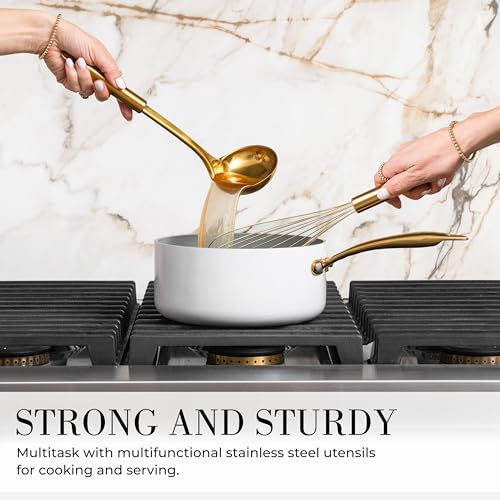 Styled Settings White and Gold Kitchen Utensils Set with Holder, 15-Piece | Nonstick BPA-Free Silicone Cooking Utensils with Measuring Cups and Spoons - Luxury Kitchen Accessories for Stylish Cooking - color: 15 Piece White & Gold